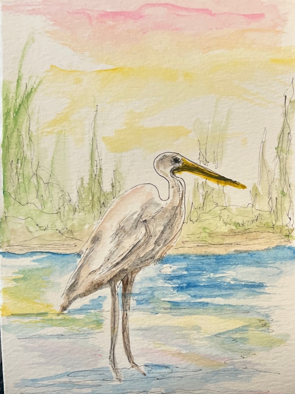 Watercolor painting on paper bird landscape wall art
